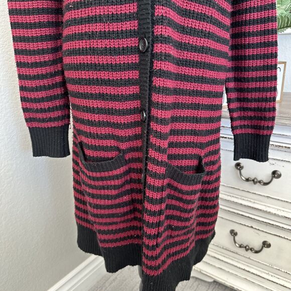 Hot Topic Long Cardigan Sweater, Red, Black, Striped Emo Size Medium Button Down - Picture 3 of 14